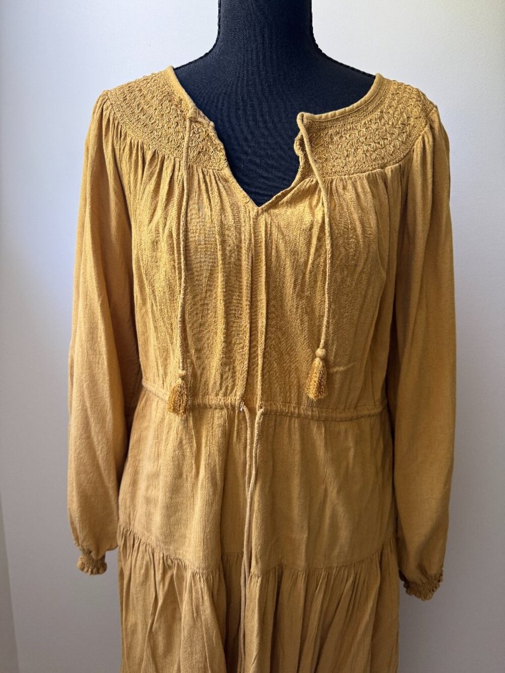 Old Navy Mustard Yellow Boho Smocked Peasant Maxi Dress Tassel Tie Small
